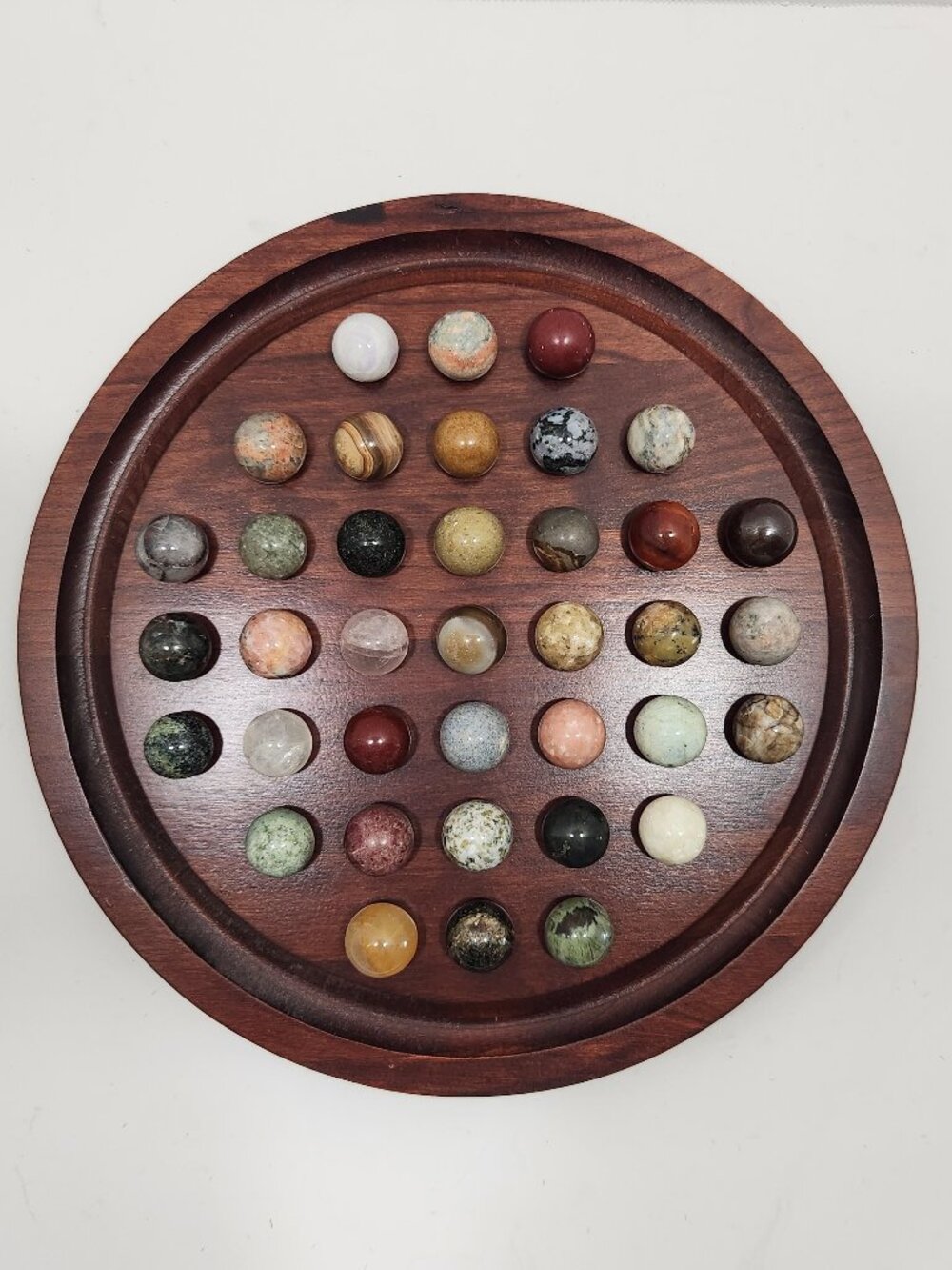 Vintage Peg Solitaire Wood Board Game W/Semi Precious Stone Marbles